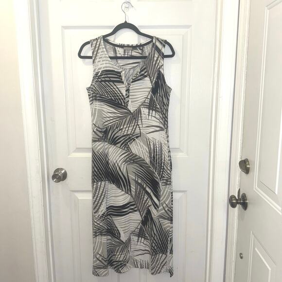 T by Talbots sleeveless midi cotton blend white gray palm fronds tropical size S - Picture 3 of 9